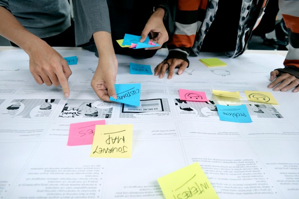 Project plan mapped out step by step with sticky notes during a strategy session